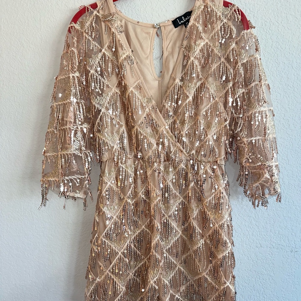 Sweet Sparkles Rose Gold Sequin Fringe Embroidered Romper NWOT
